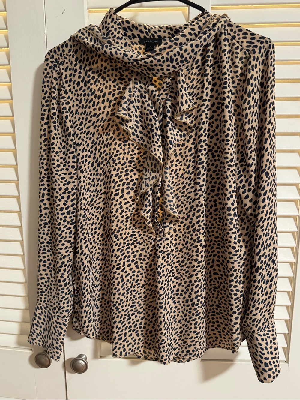 Ann Taylor Tan and Black Leopard Ruffle Neck Blouse